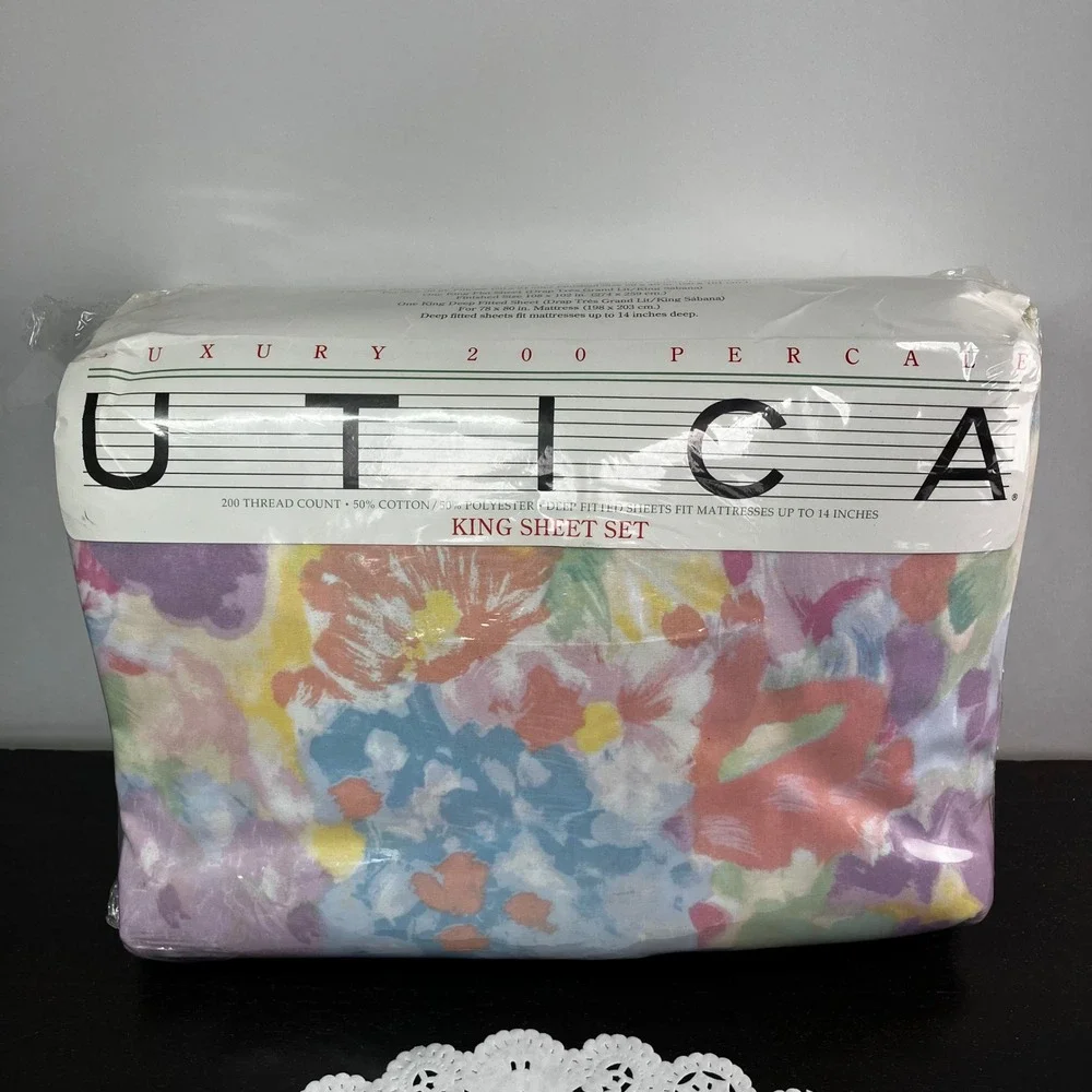 Utica King Sheet Set Lille Bright Pastel Vintage Floral 200TC Percale New RARE